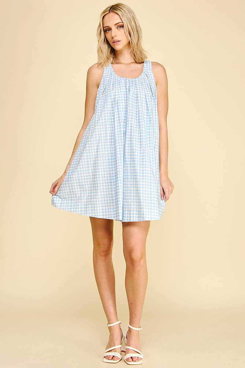 Gingham A-Line Mini Dress - Baby Blue