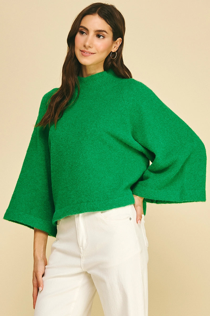 Wide Sleeve Mock Neck Sweater - Green