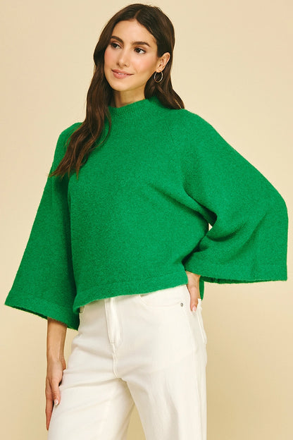 Wide Sleeve Mock Neck Sweater - Green
