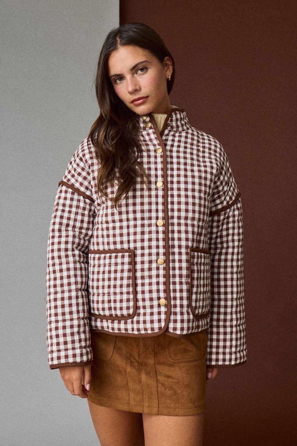Gingham Quilted Jacket - Brown