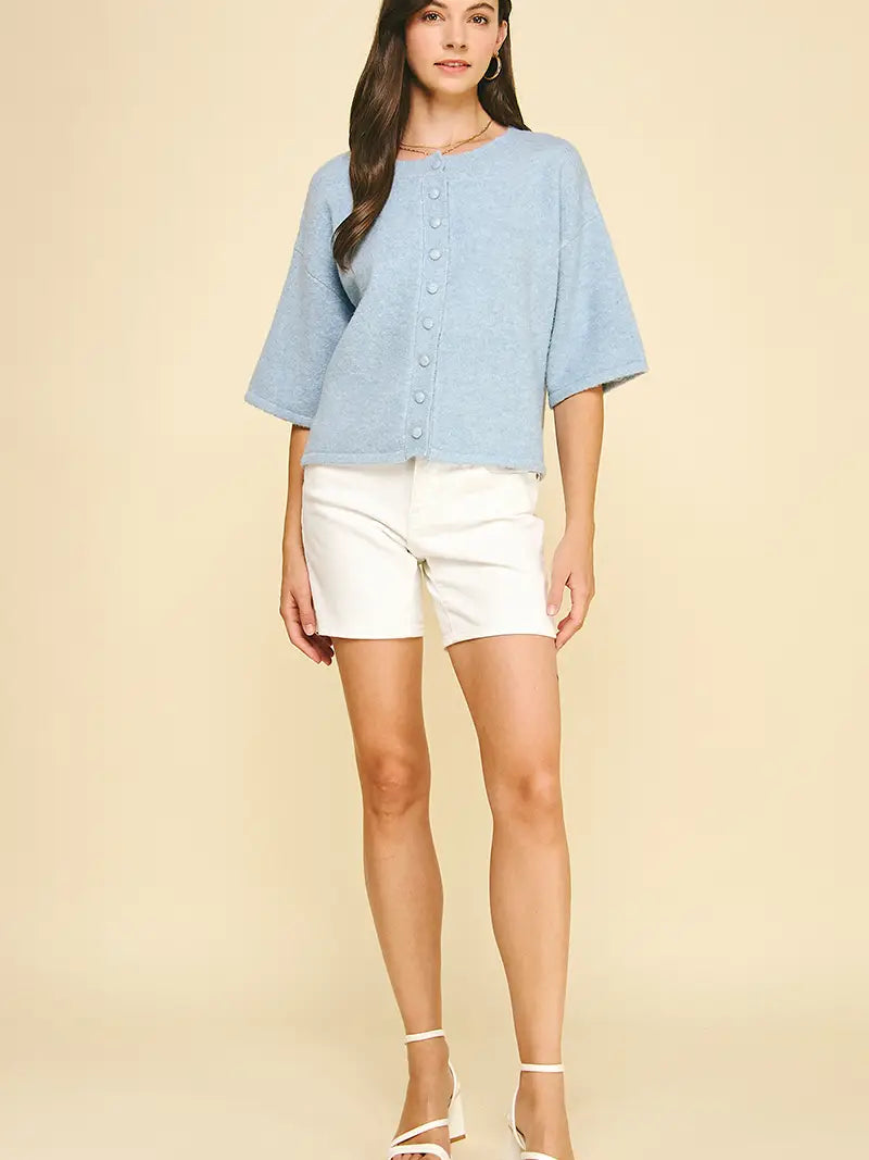 Button Down Short Sleeve Sweater - Baby Blue