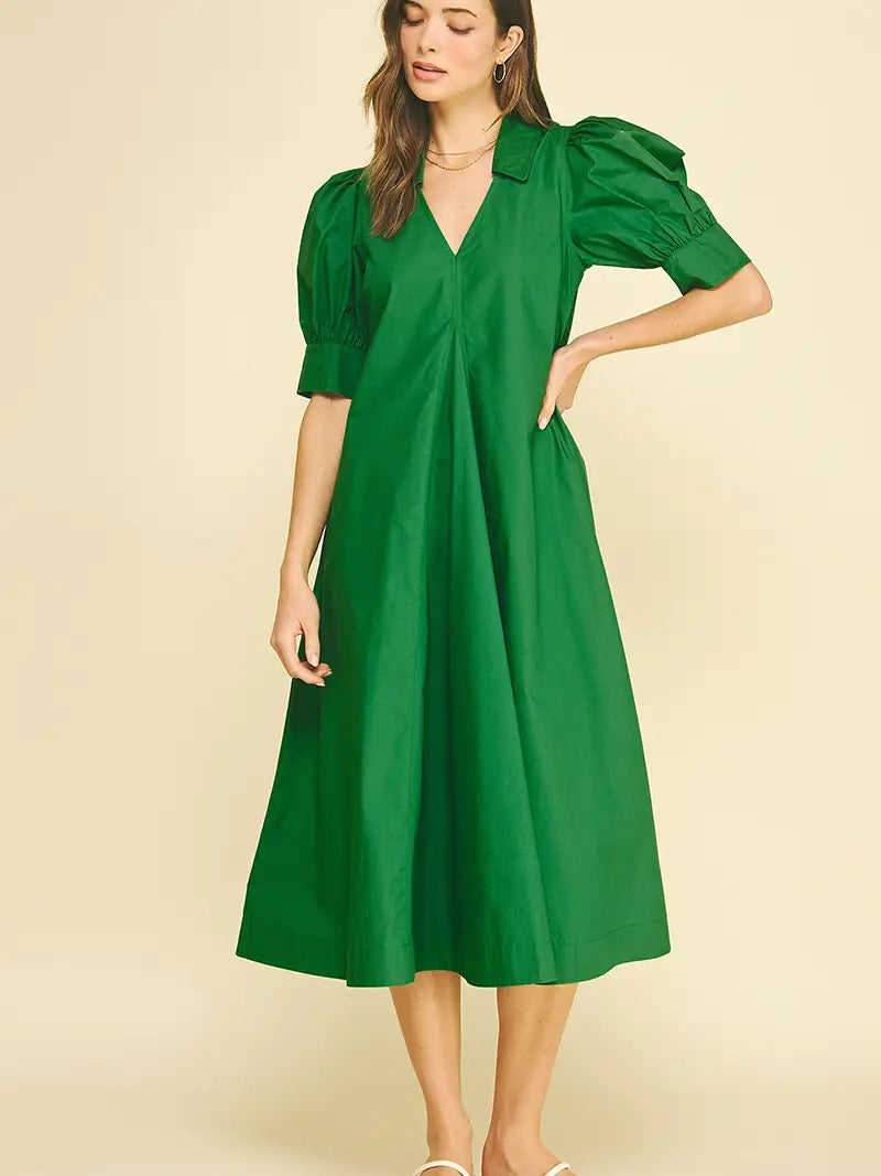 V-Neck Pleated A-Line Dress - Grass Green