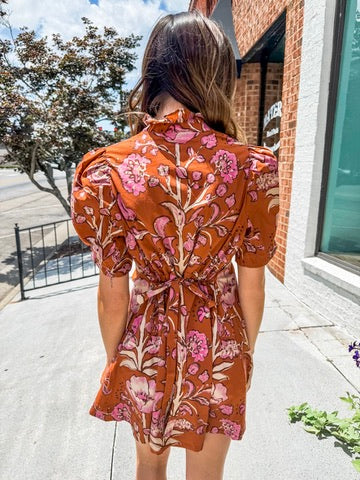 Floral Print Short Puff Sleeve Dress - Rust