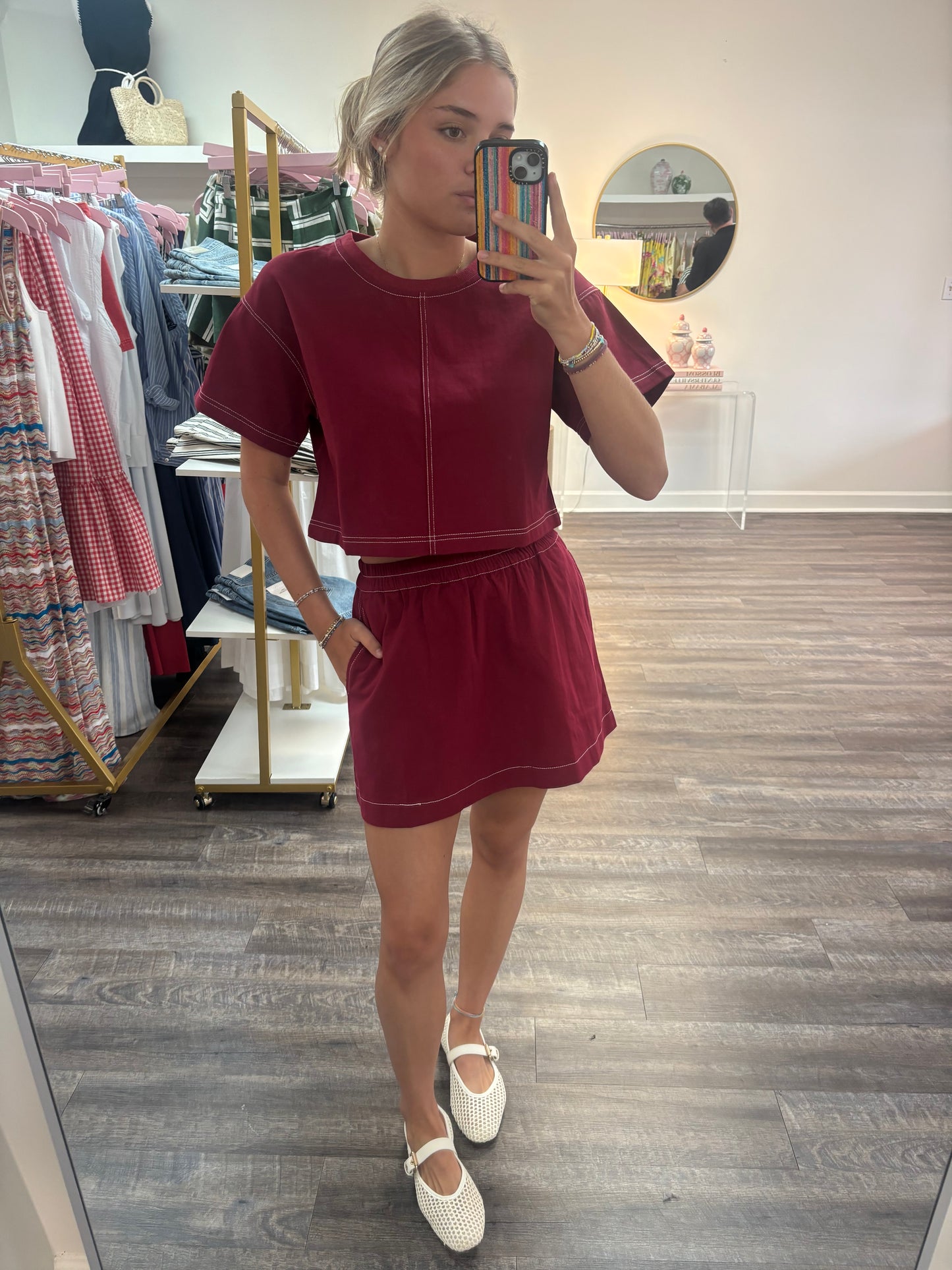 High Waisted Contrast Stitch Denim Skirt - Maroon