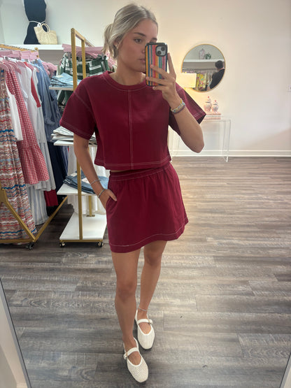 High Waisted Contrast Stitch Denim Skirt - Maroon