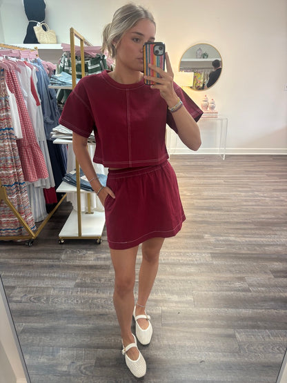 Boxy Cropped Contrast Stitch Detail Top - Maroon