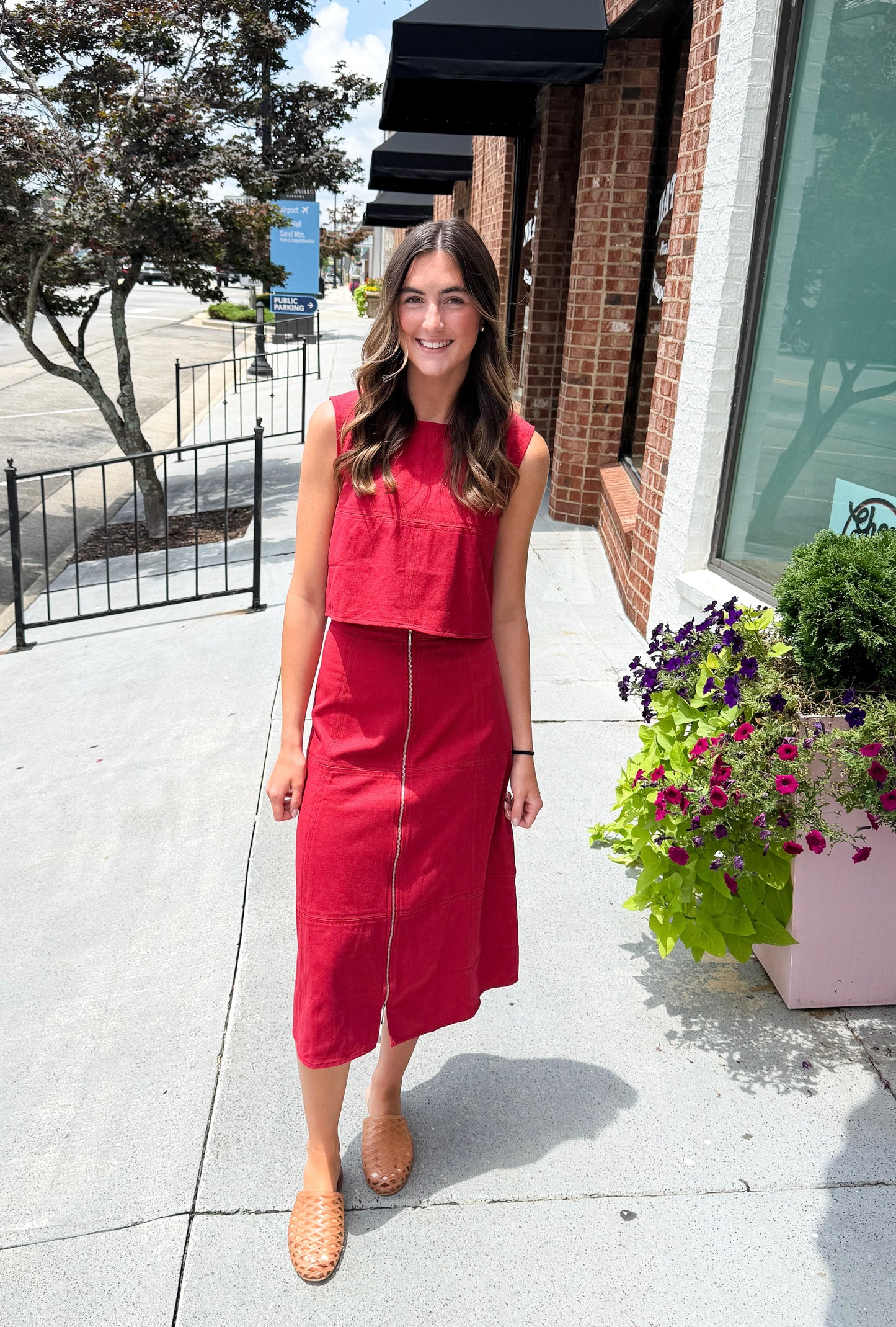 Front Zip Denim Midi Skirt - Crimson