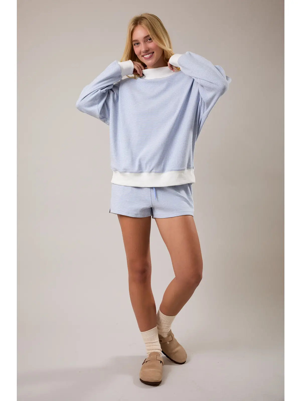 Mock Neck Stripe Sweatshirt Top - Light Blue/Cream