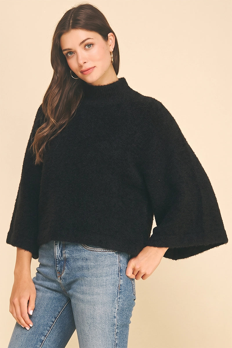 Wide Sleeve Mock Neck Sweater - Black