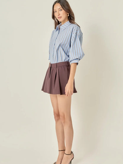 Striped Balloon Sleeve Shirt - Dusty Blue