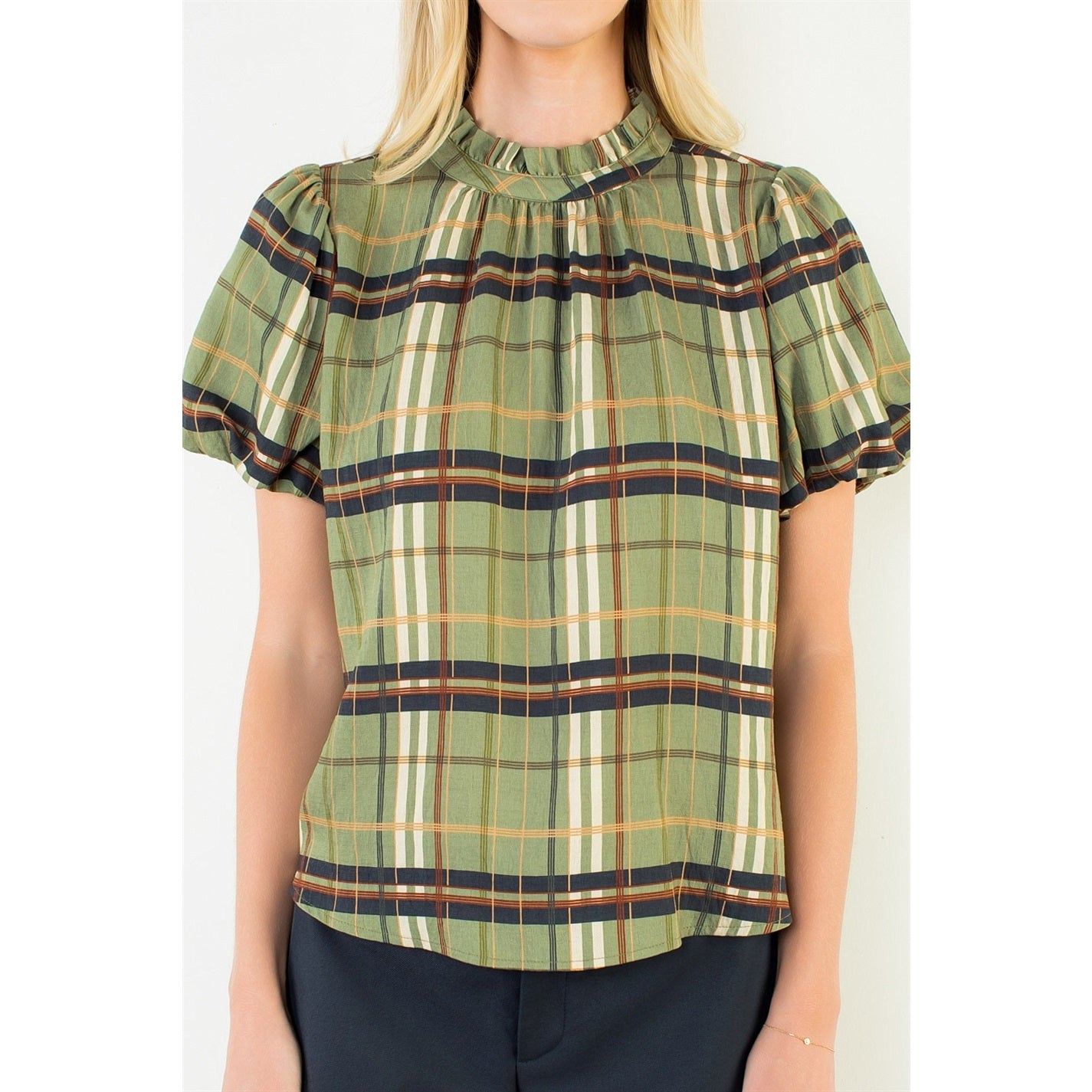 Ruffled Neck Plaid Top - Olive