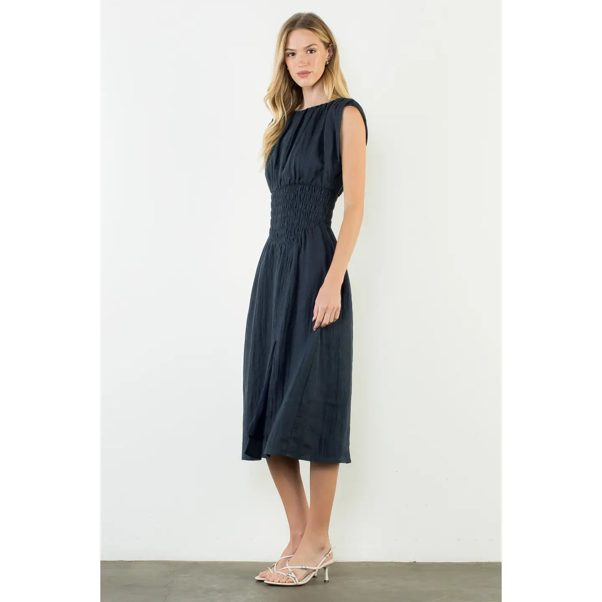 Sleeveless Denim Dress with Side Slit - Denim Blue