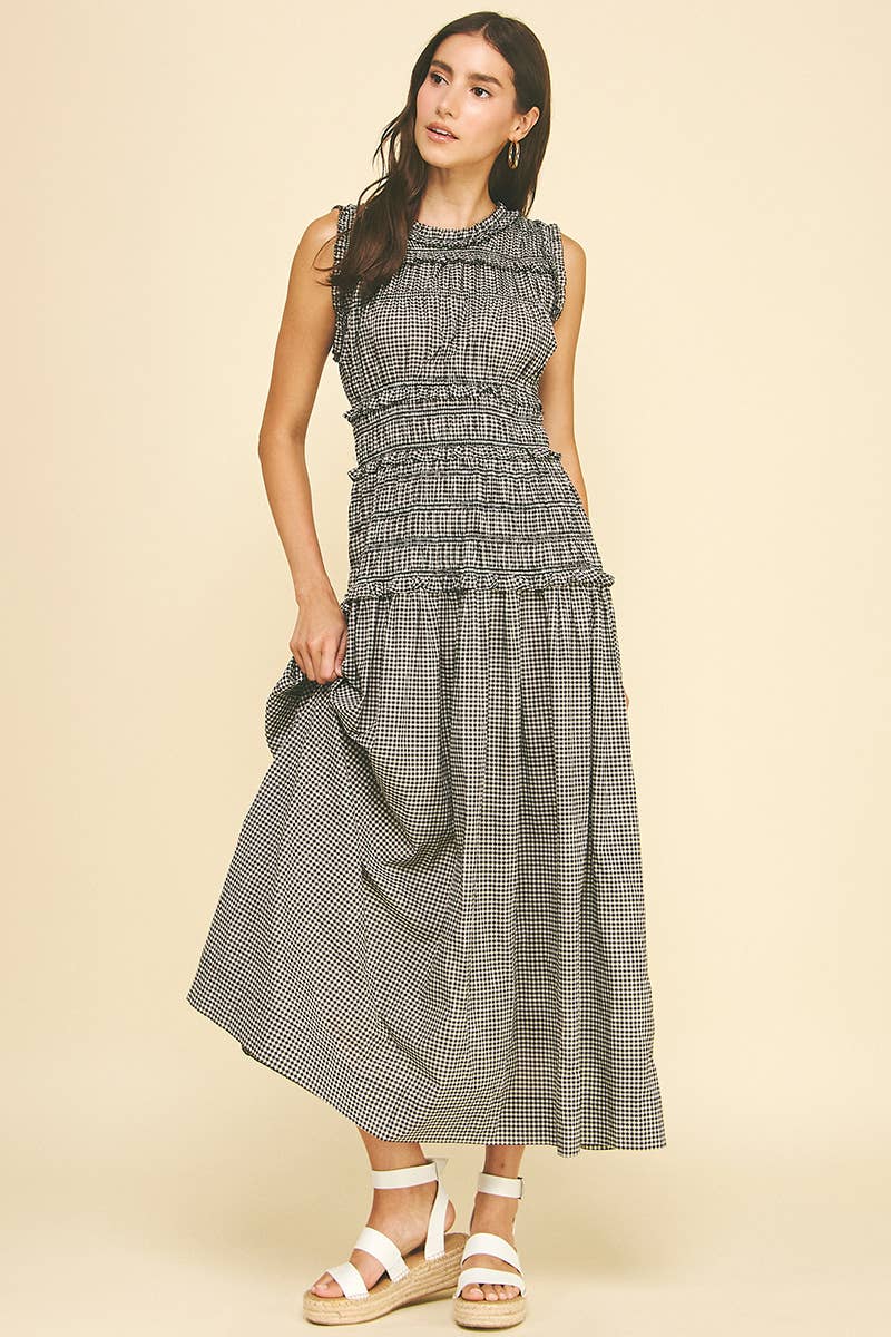 Gingham Shirring Detailed Maxi Dress - Black