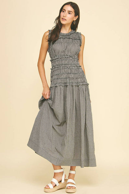 Gingham Shirring Detailed Maxi Dress - Black