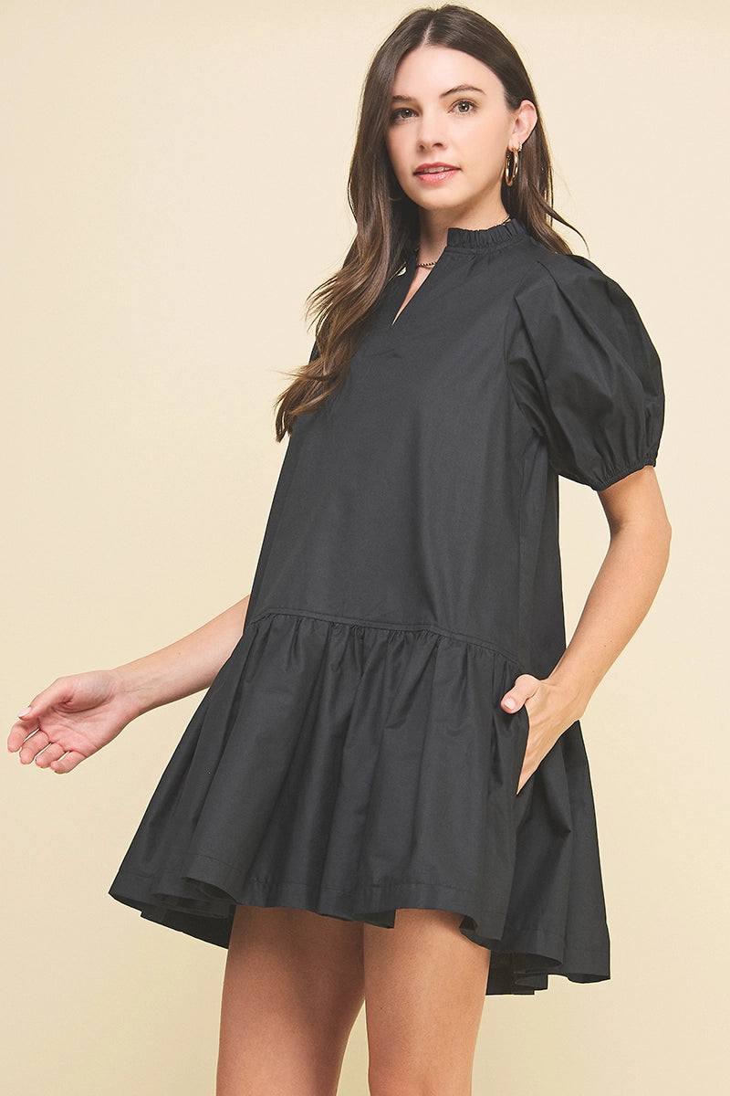 Solid Tiered Mini Dress - Black