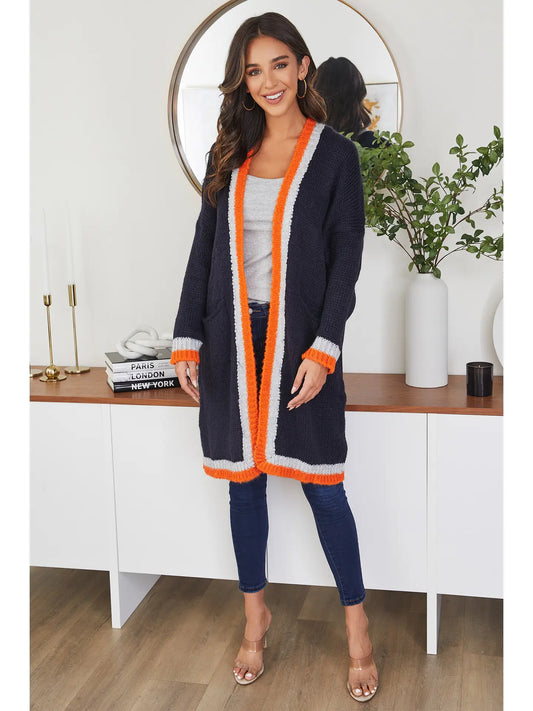 Striped Knit Mid Length Cardigan - Navy Blue