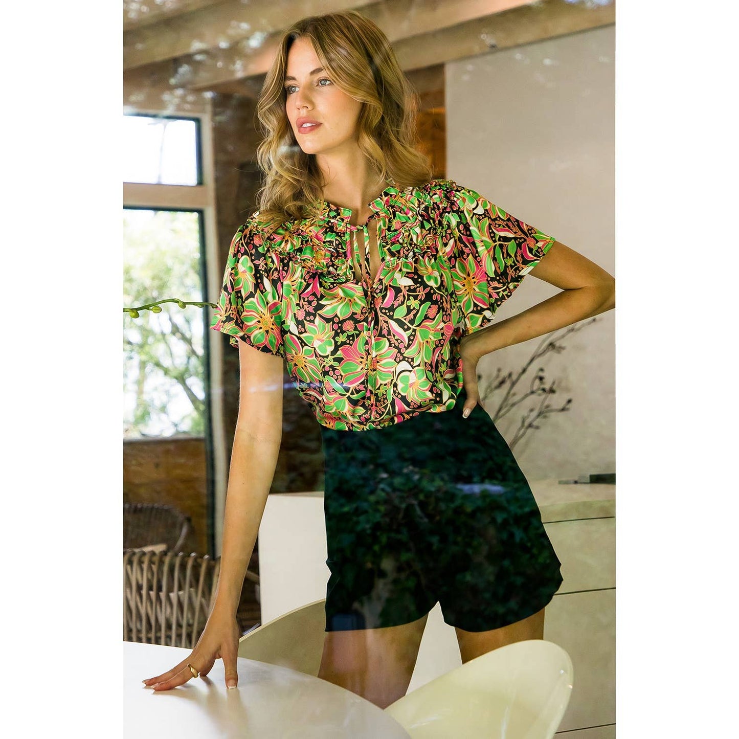 Short Sleeve Flower Print Top - Green