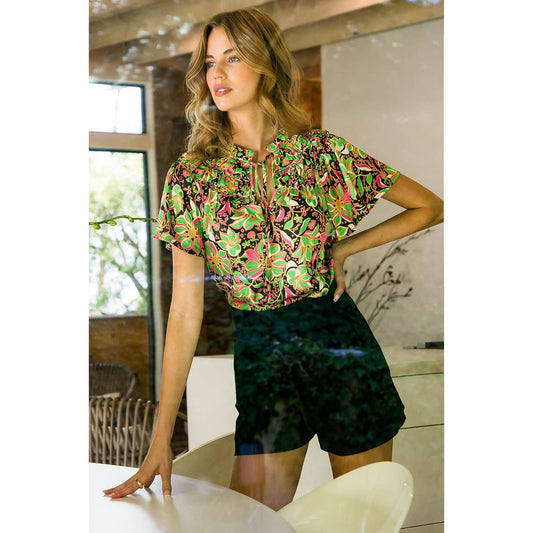 Short Sleeve Flower Print Top - Green