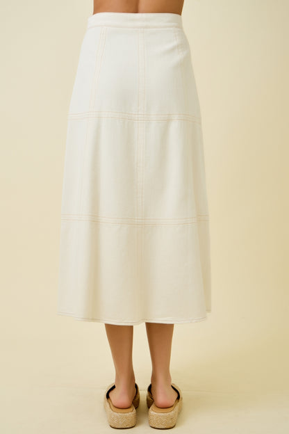 Front Zip Denim Midi Skirt - Oatmeal