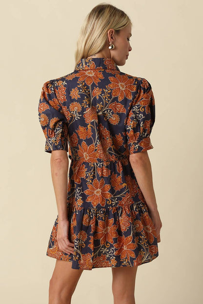 Mabel Tie Front Floral Mini Dress - Dark Navy Rust