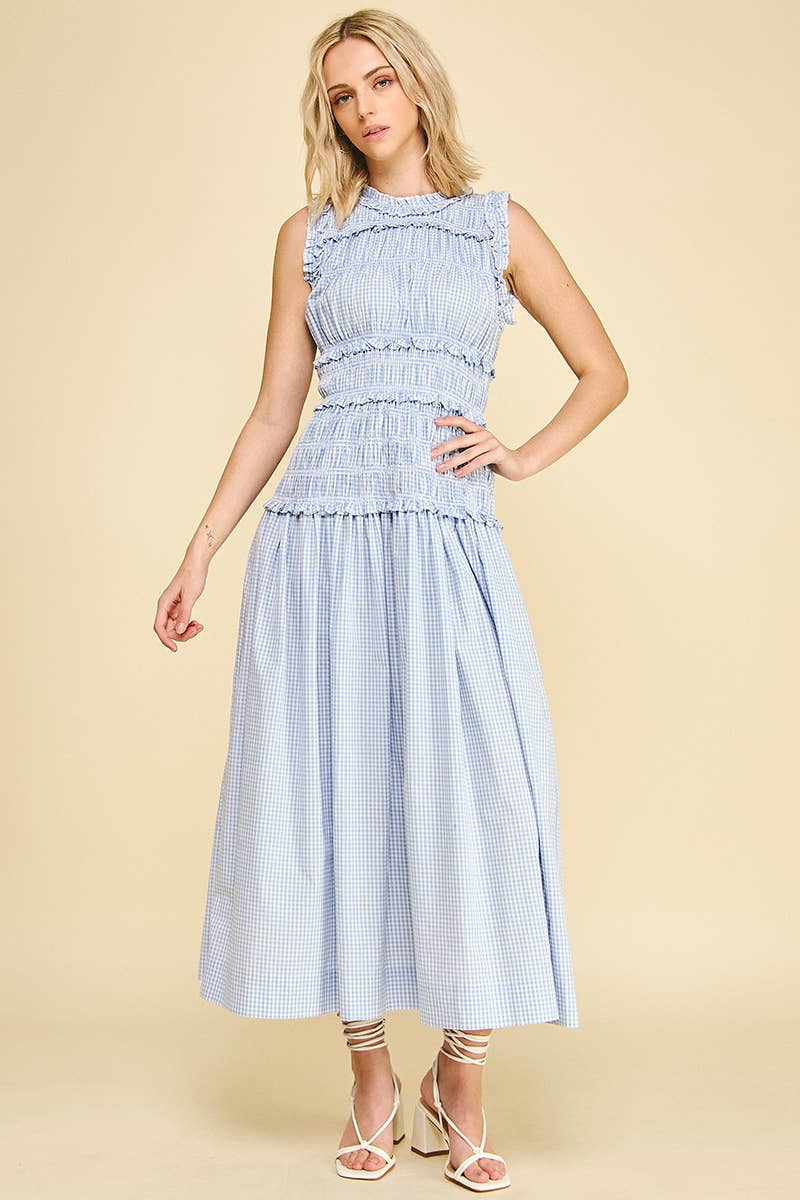 Gingham Shirring Detailed Maxi Dress - Blue