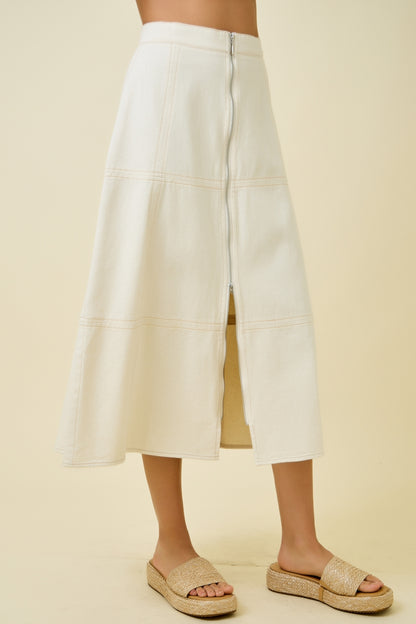 Front Zip Denim Midi Skirt - Oatmeal