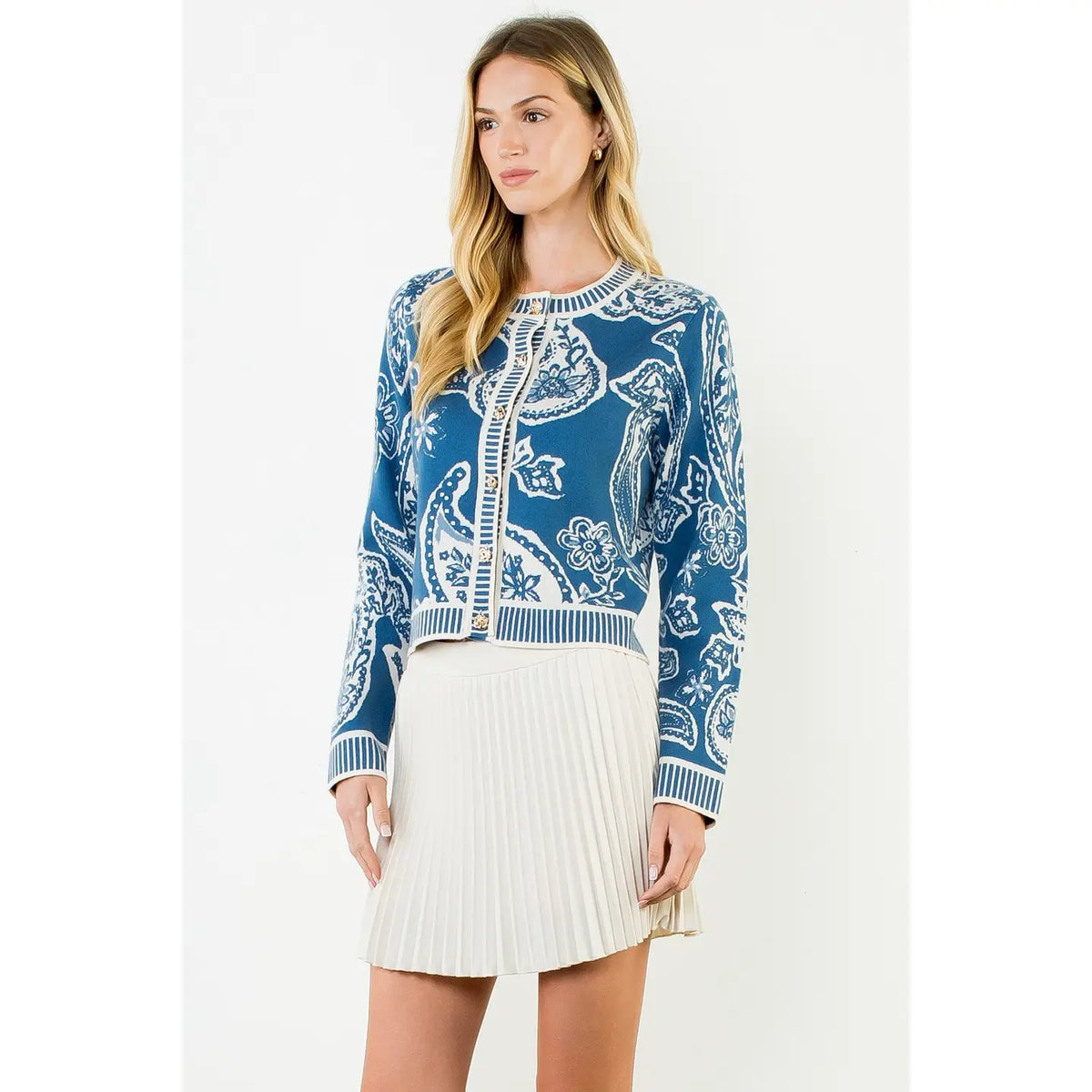 Long Sleeve Paisley Print Knit Cardigan - Blue