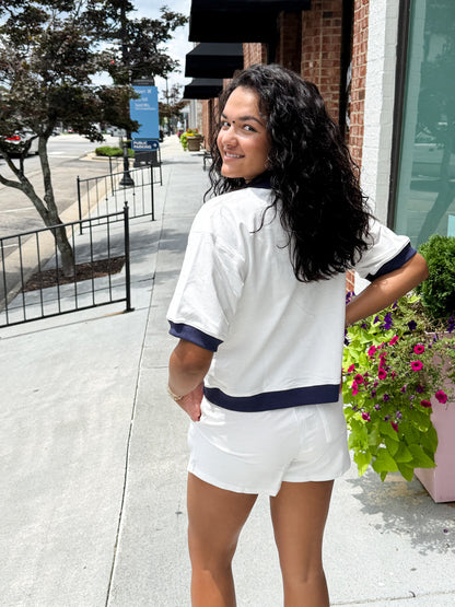 Mockneck Colorblock Short Sleeve Sweatshirt - Off White/Navy