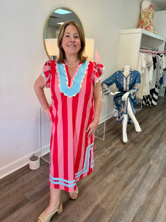 Ruffle Sleeves Striped V-Neck Dress - Pink