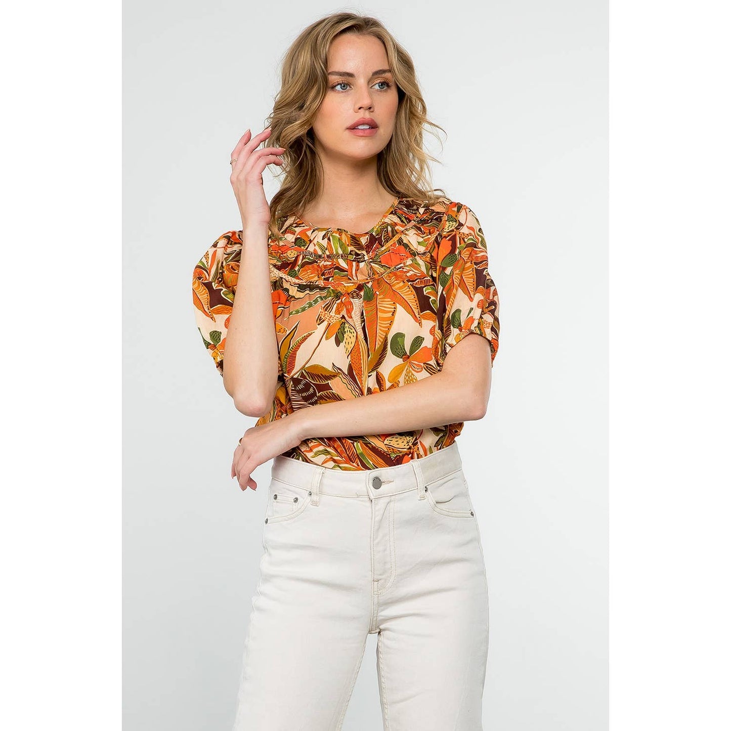 Puff Sleeve Floral Top - Beige