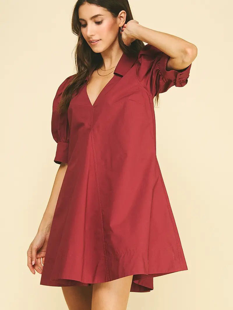 Puff Sleeve V-Neck Mini Dress - Maroon