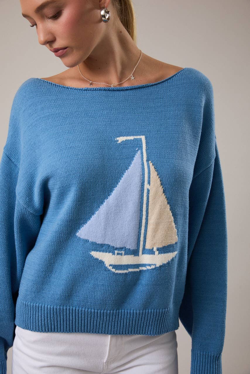 Boat Neck Sweater Top - Blue