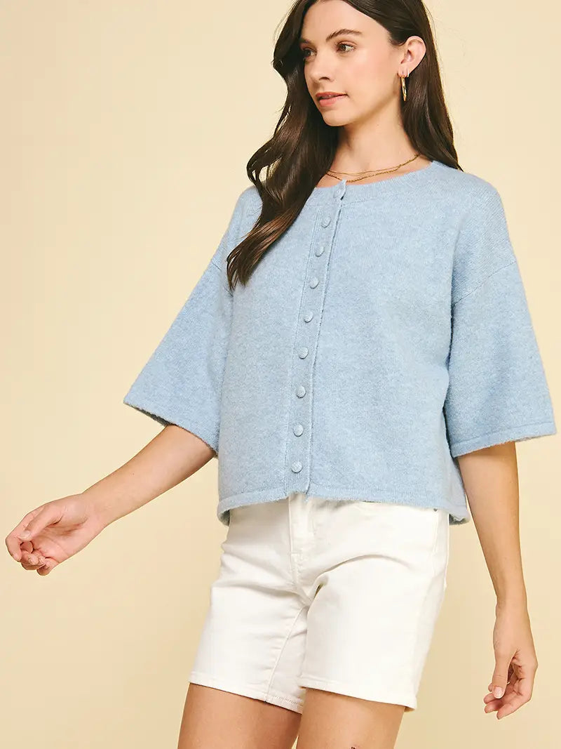 Button Down Short Sleeve Sweater - Baby Blue