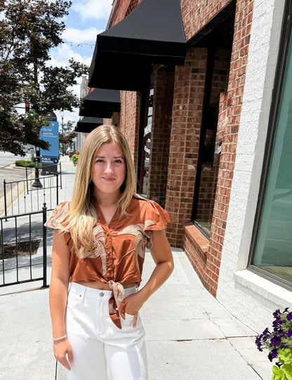 Renna Button Down Front Tie Shirt - Caramel