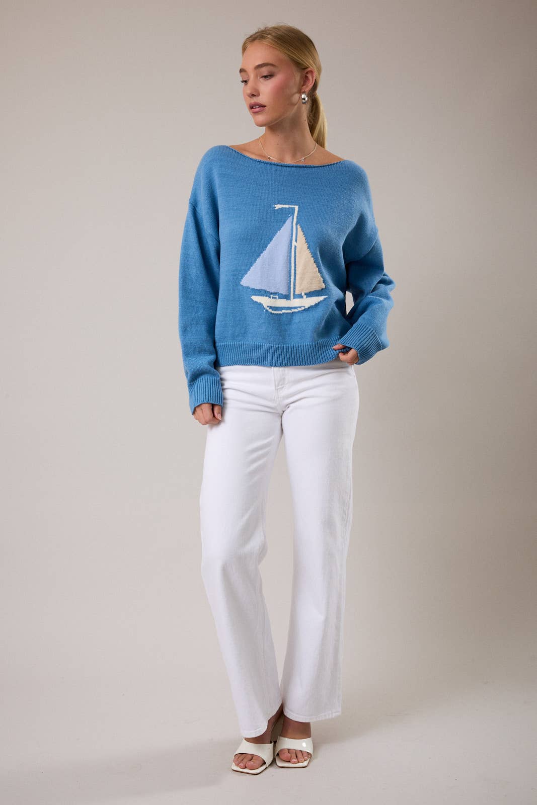 Boat Neck Sweater Top - Blue