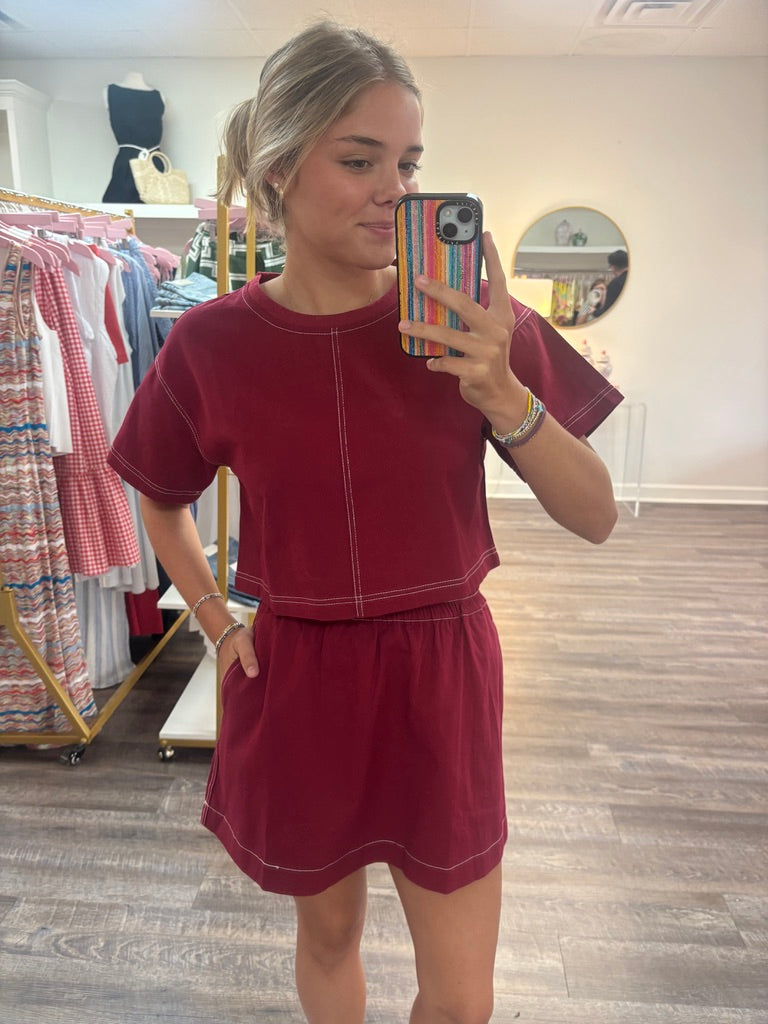 Boxy Cropped Contrast Stitch Detail Top - Maroon