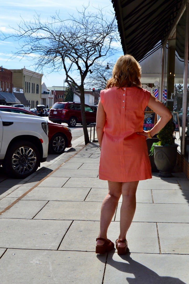 Sleeveless Flower Embroidered Dress - Coral