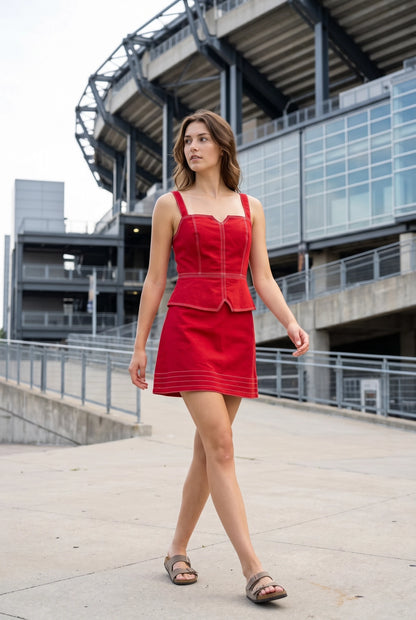 Stitch Detail Stretch Cotton Denim Mini Dress - Red