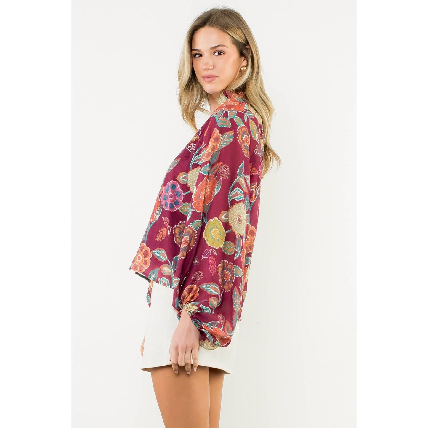 Pleated Collar Floral Long Sleeve Top - Burgundy