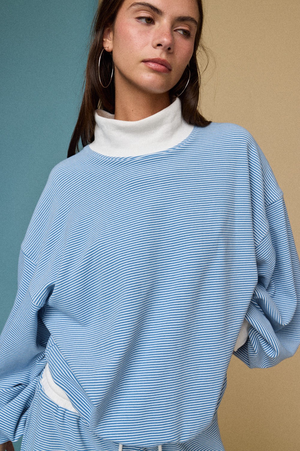 Mock Neck Stripe Lounge Set - Blue