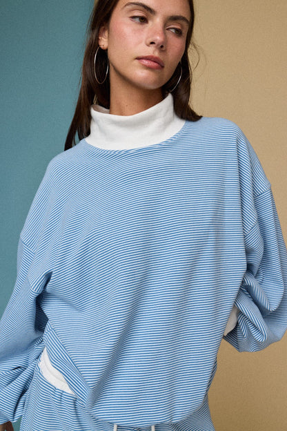 Mock Neck Stripe Lounge Set - Blue