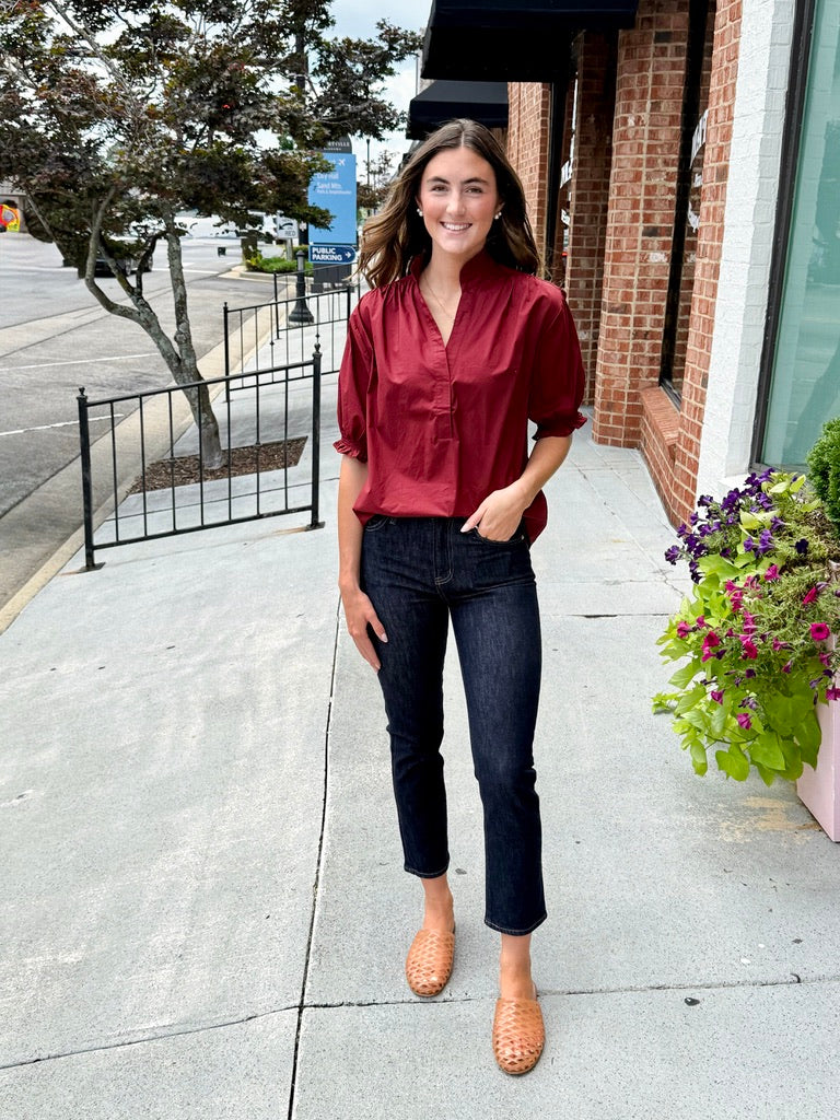 Balloon Sleeve Blouse Top - Burgundy