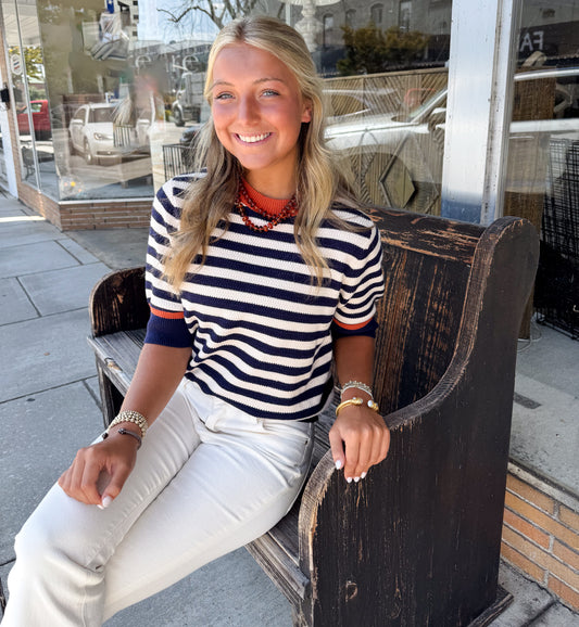 Stripe Short Sleeve Sweater Top - Navy/Orange