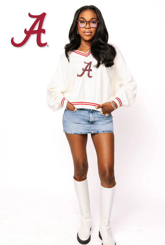 Queen of Sparkles Licensed Alabama V Neck Striped Cuff Long Sleeve Sweater With Small Mascot