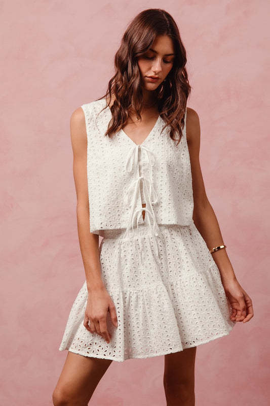 Floral Eyelet Lace Tie Front Vest Top & Skirt Set - Off White