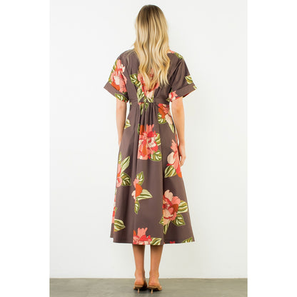 Long Flower Dress with Cuff Sleeves - Brown