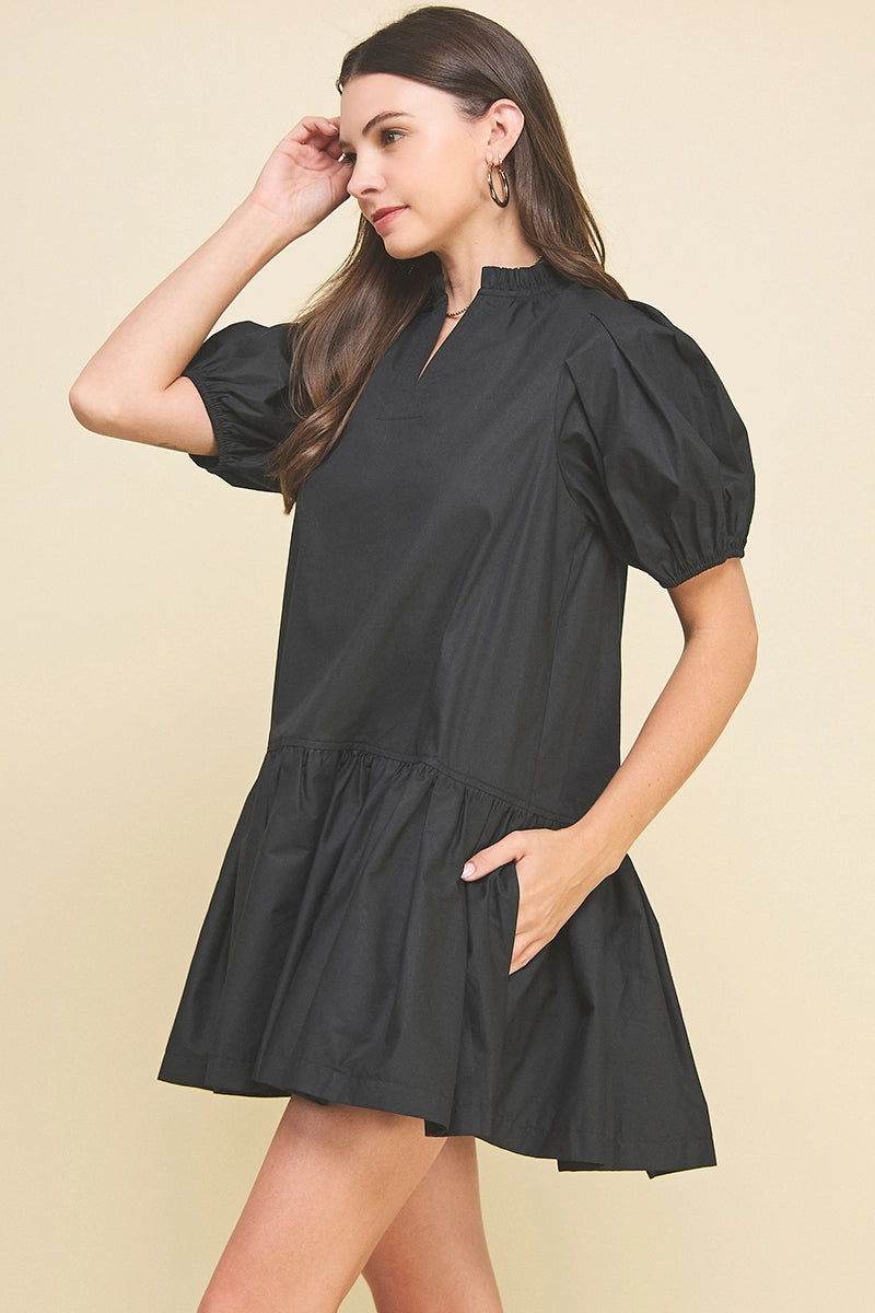 Solid Tiered Mini Dress - Black