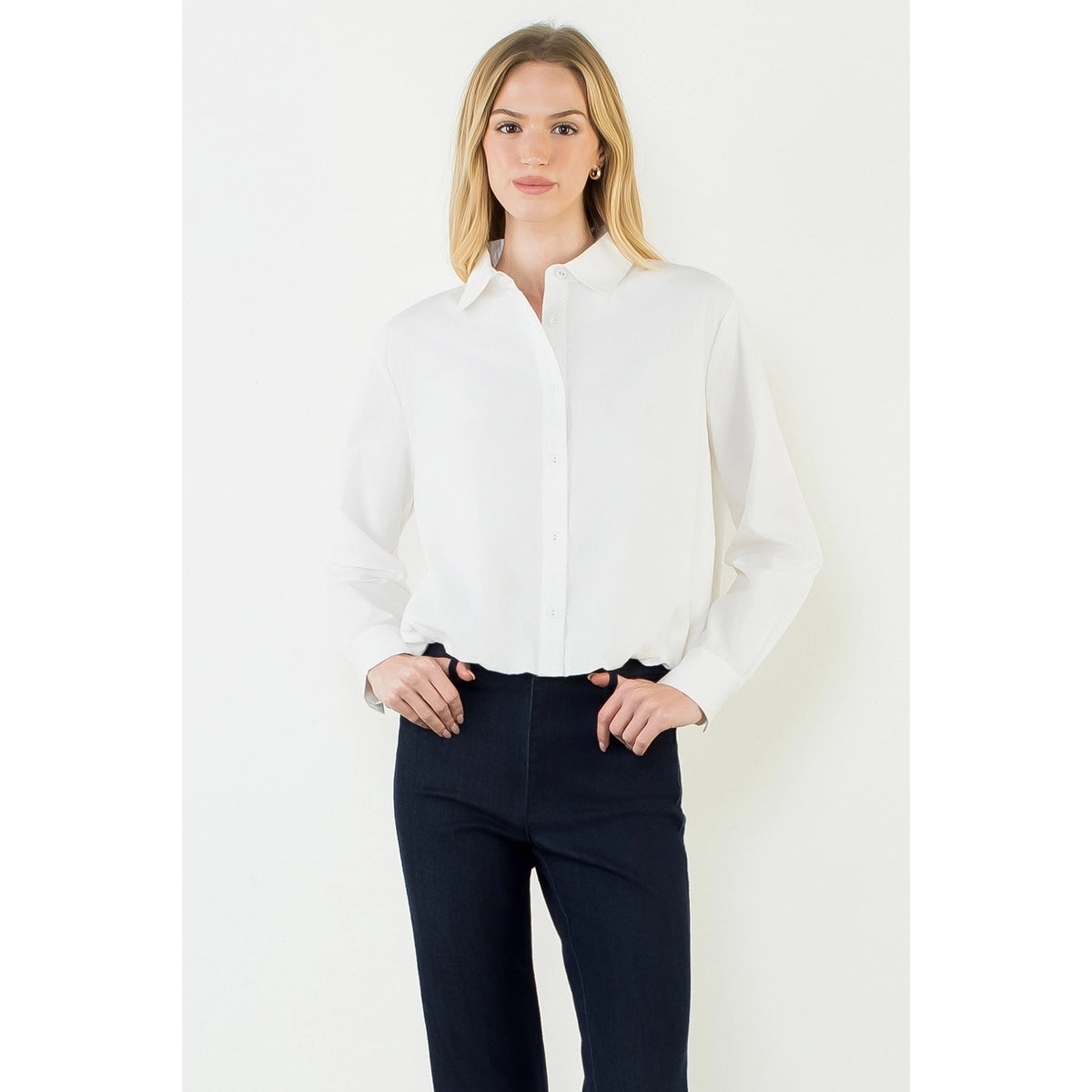 Long Sleeve Cinched Button Down Top - White