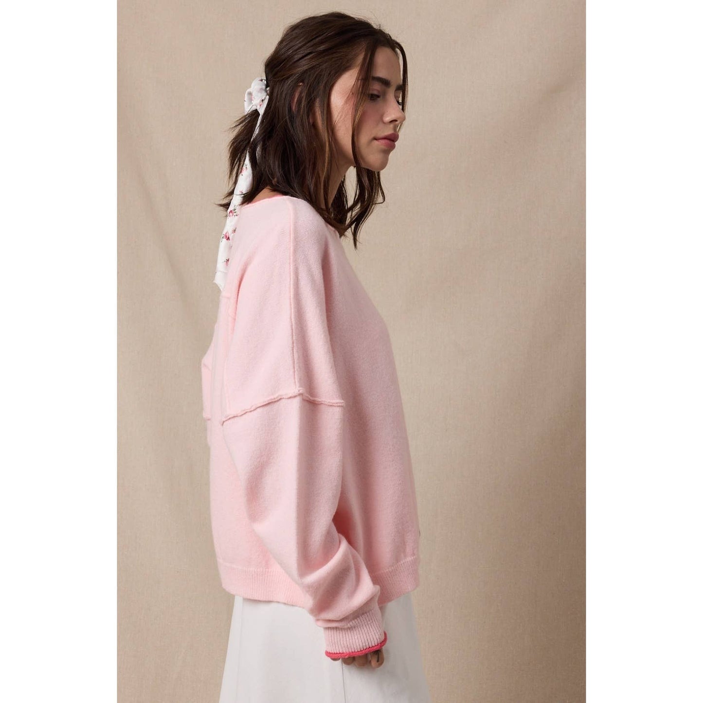 Brushed Contrast Boat Neck Sweater - Pink/Punch