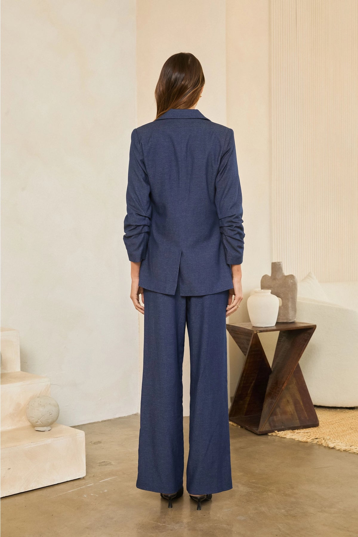 Open-Front Gathered Sleeve Blazer - Denim